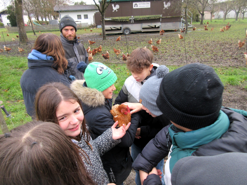 Gruppe Kinder mit Hühnern